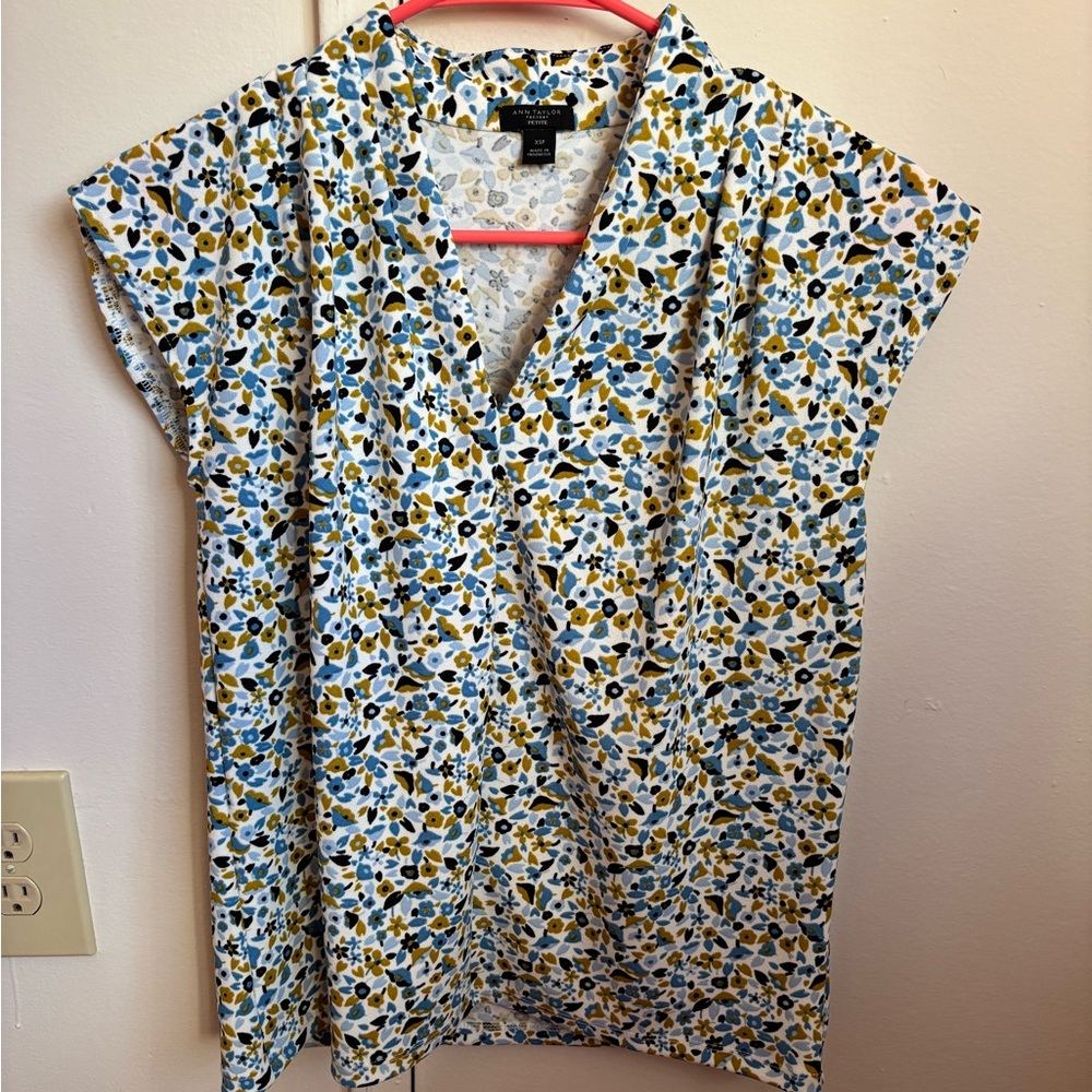 Ann Taylor Blue and Yellow Floral Blouse